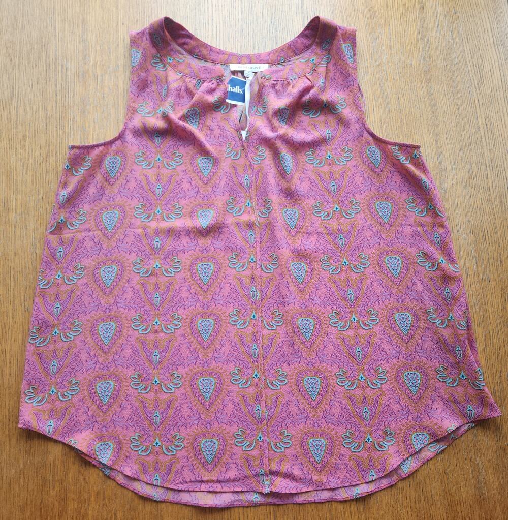 Women's 1x Rose + Olive Sleeveless Blouse NWT Pink Purple Paisley